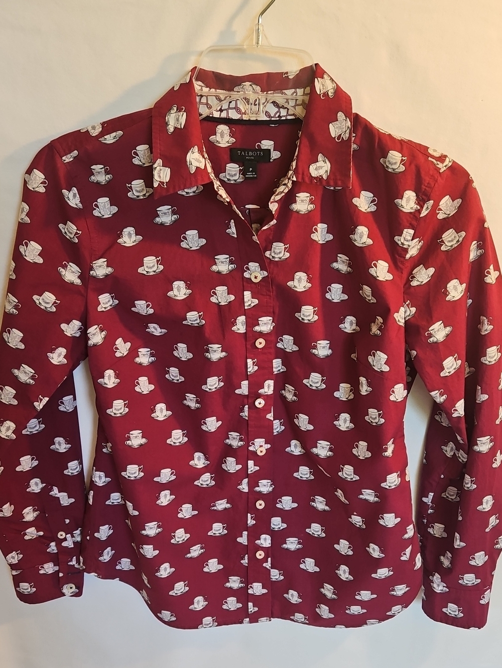 Talbots Burgundy Button-Up Blouse with Teacup Motif